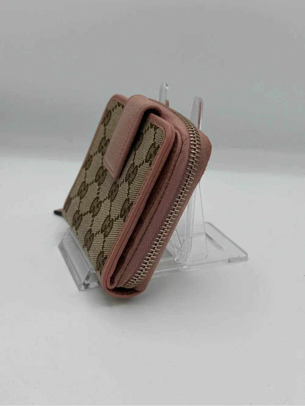 Gucci GG Canvas Comaoct Zip Around Wallet Beige Ebony Pink